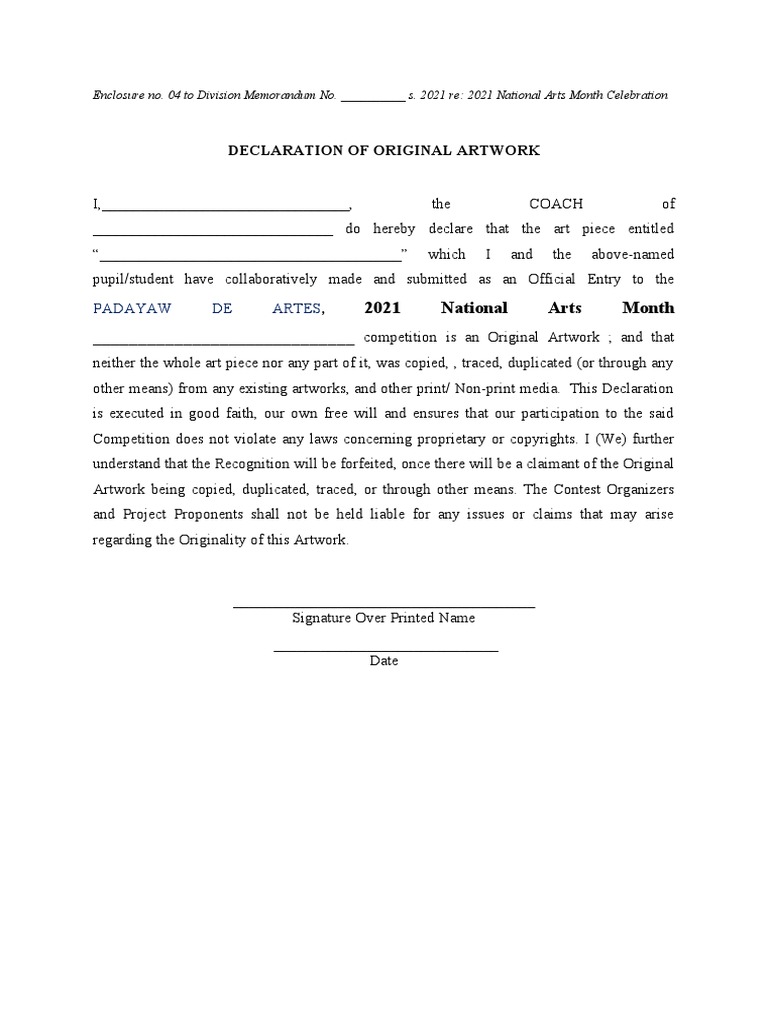 Declaration of Original Artwork for Contest | PDF