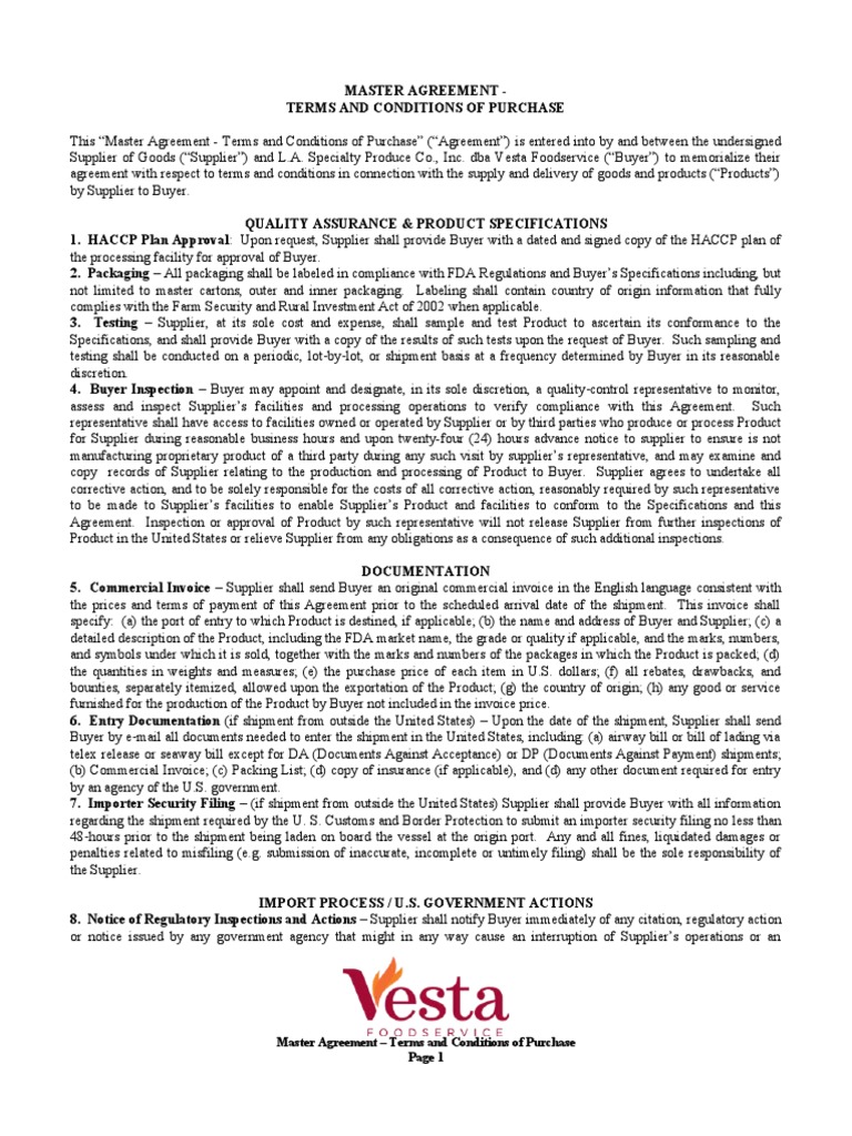 Master Agreement Vesta Foodservice 2020.01 Download Free PDF