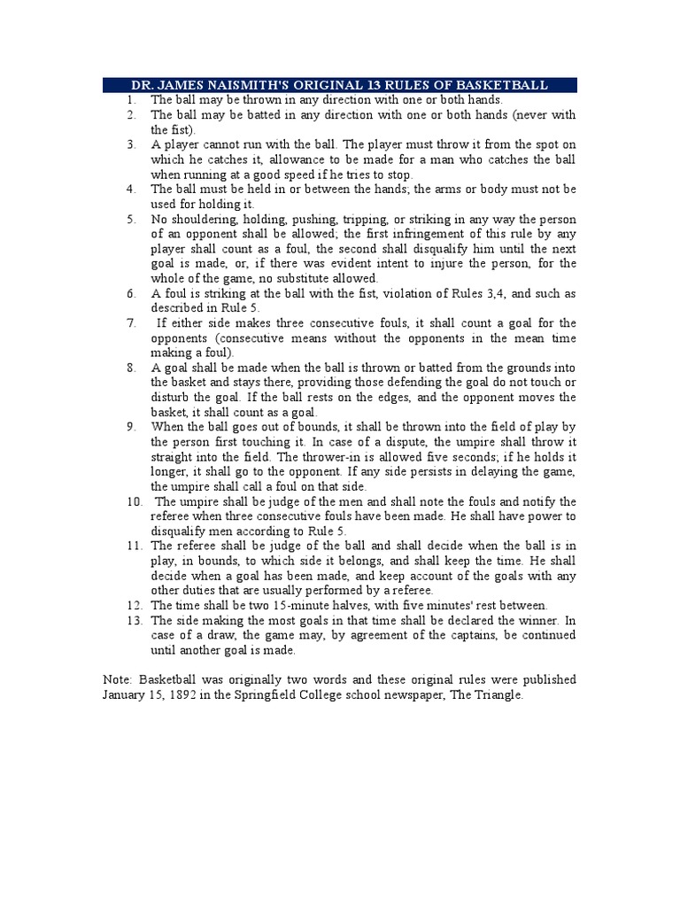 Dr. James Naismith's Original 13 Rules of Basketball | PDF | Referee ...