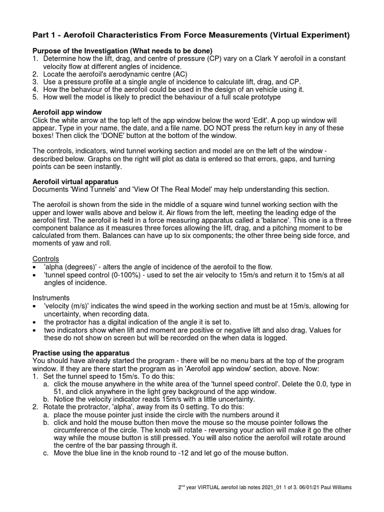 Virtual Aerofoil Lab Notes 2021 - 05 | PDF | Airfoil | Lift (Force)