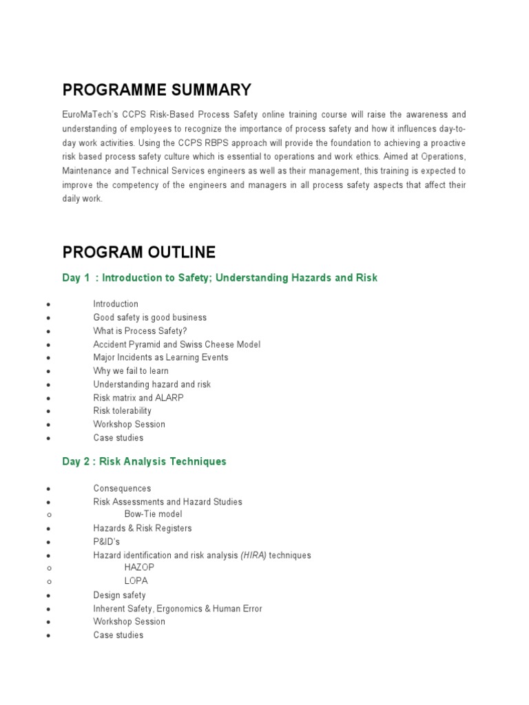 Programme Summary: Day 1: Introduction To Safety Understanding Hazards ...