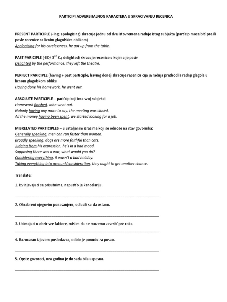 Participles in Sentence Reduction | PDF