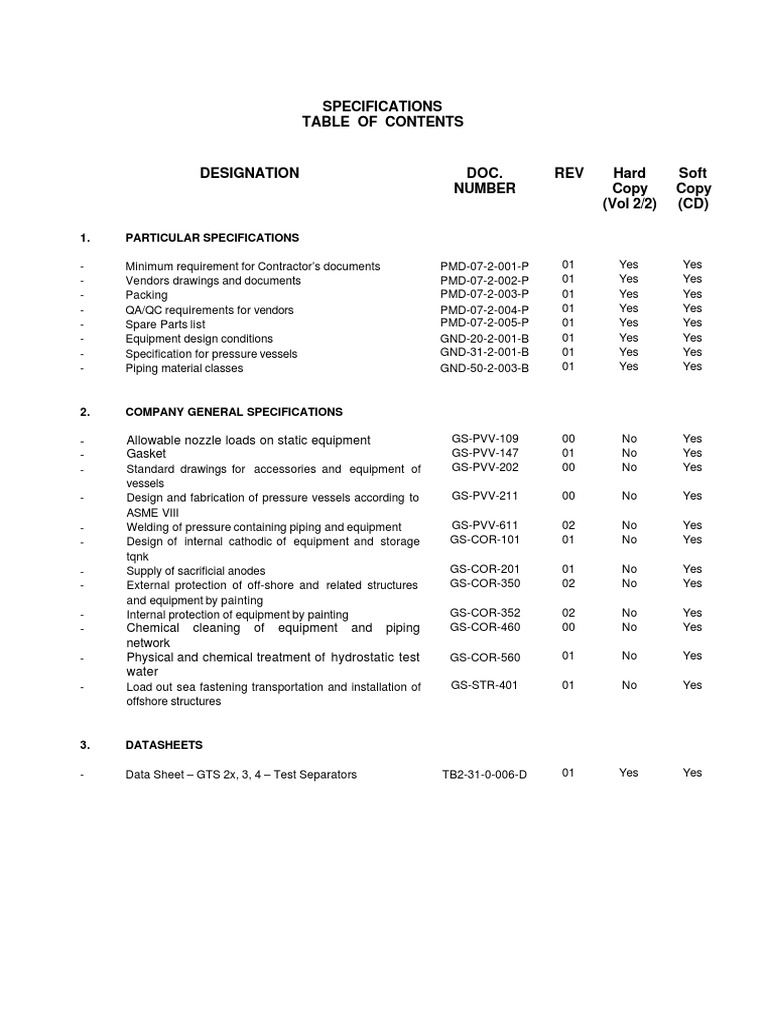 Specifications Table of Contents | Download Free PDF | Specification ...