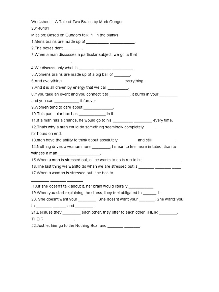 Worksheet 1 A Tale of Two Brains by Mark Gungor