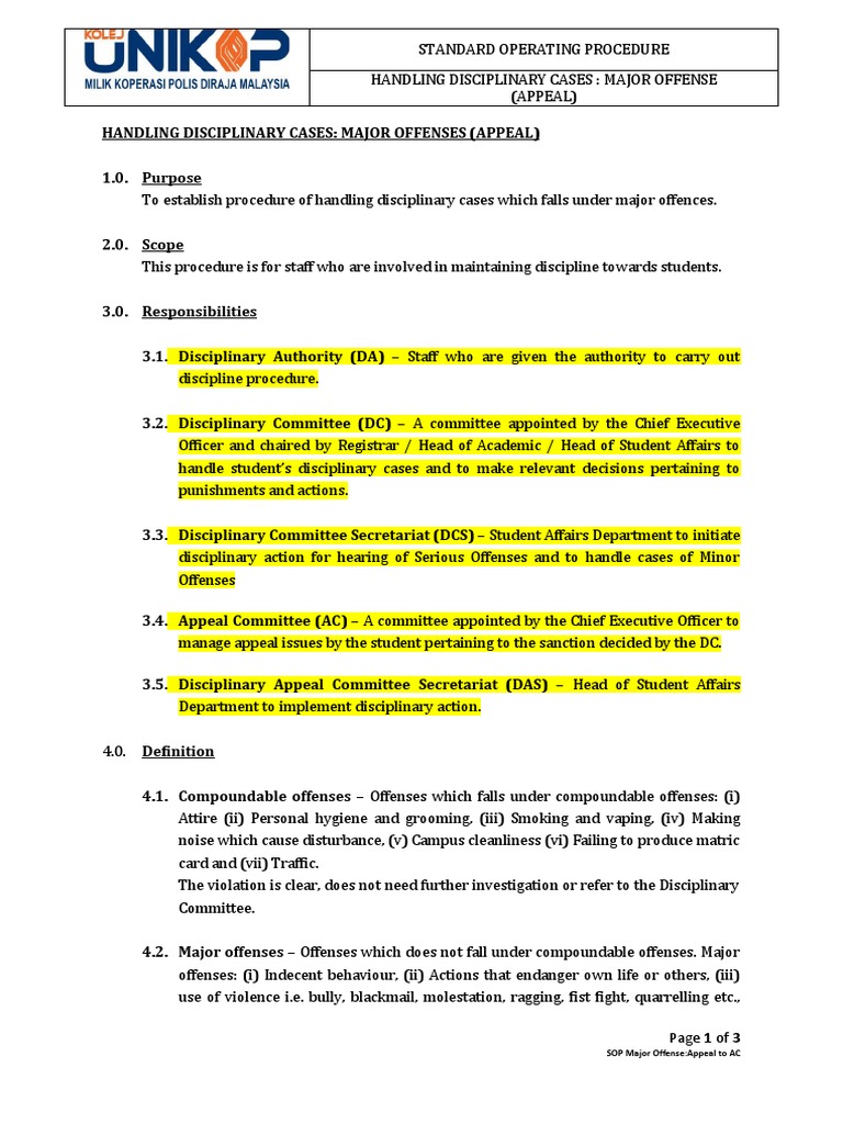 SOP - Discipline For Major Offences (02-Appeal) Kolej UNIKOP | PDF ...