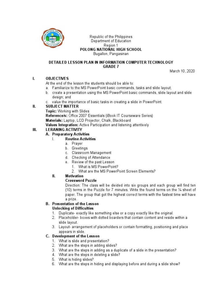 Grade 7 ICT Lesson Plan: MS PowerPoint Basics | PDF | Page Layout ...