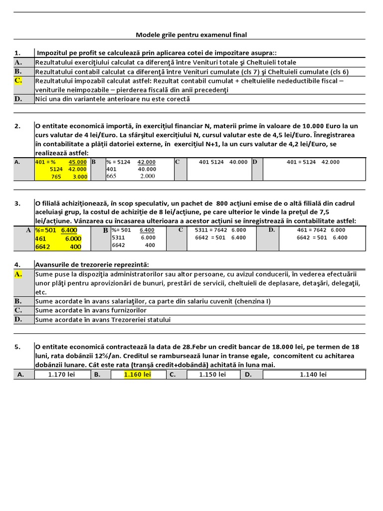 Modele Grile Examen Sesiune Contabilitate Financiara FSEGA PDF