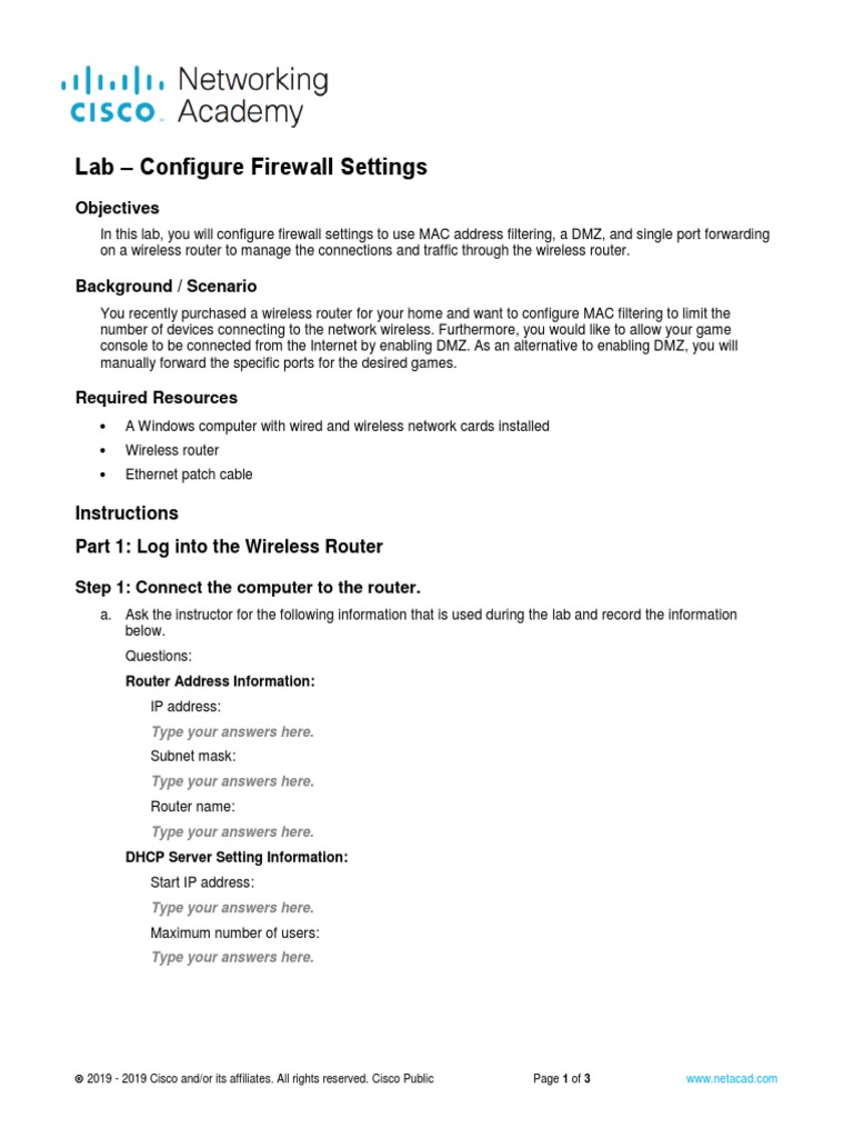 Lab - Configure Firewall Settings | PDF | Router (Computing) | Port ...