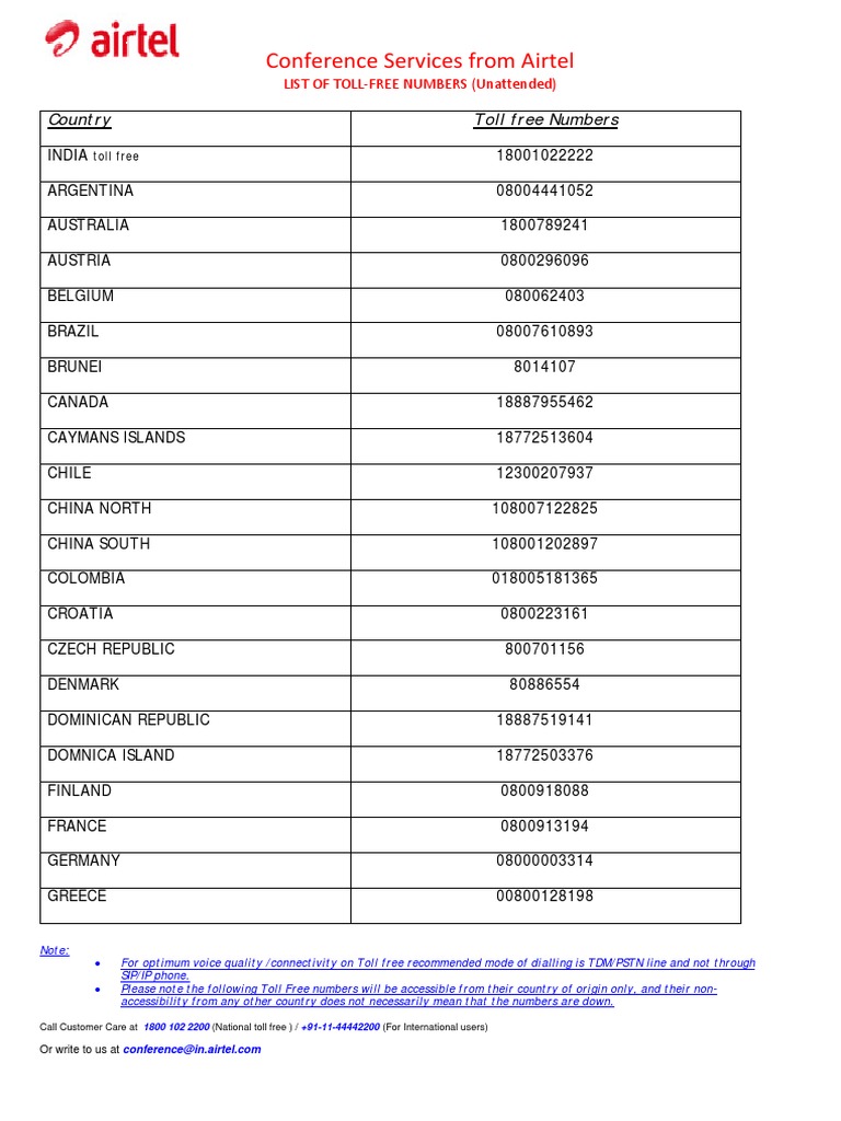 Airtel Toll Free Numbers PDF Telephony Telecommunications