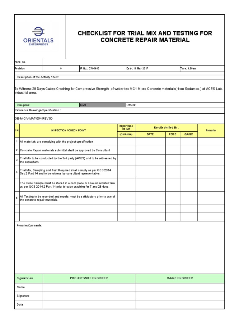 021Checklist For Trial Mix and Testing For Concrete Repair Material PDF