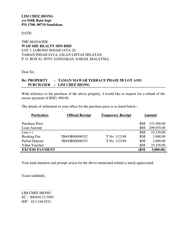 Excess Payment Refund Request Letter | PDF