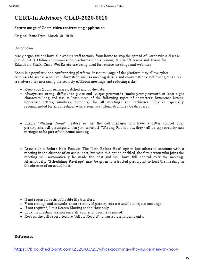 CERT in Advisory Note Zoom | Download Free PDF | Web Conferencing ...