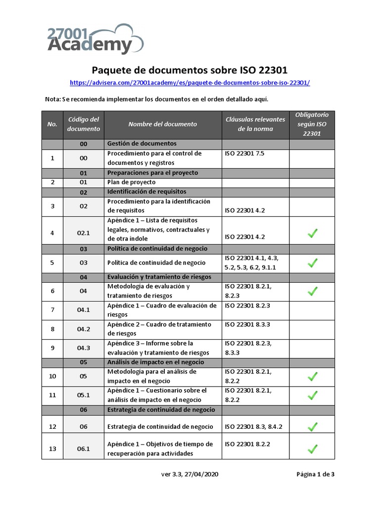 Paquete de Documentos ISO 22301 | PDF | Business