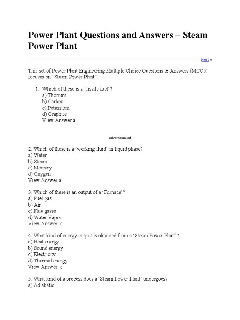 Power Plant Questions and Answers PDF Steam Engine Heat Exchanger