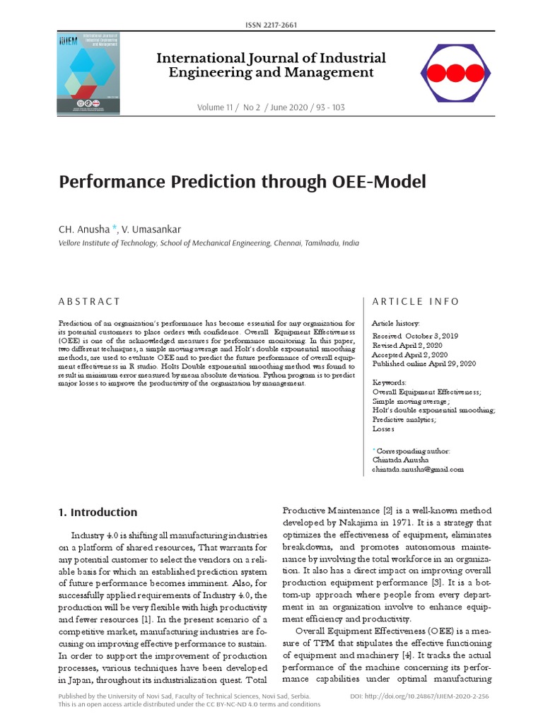 Performance prediction through oee model pdf moving average