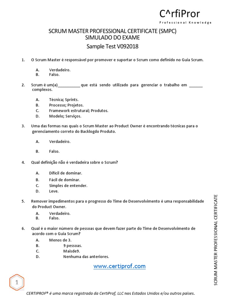 SCRUM MASTER PROFESSIONAL CERTIFICATE SMPC SIMULADO DO EXAME Sample ...