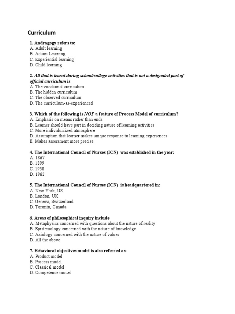 Curriculum Development MCQs and Answers | PDF | Curriculum | Evaluation