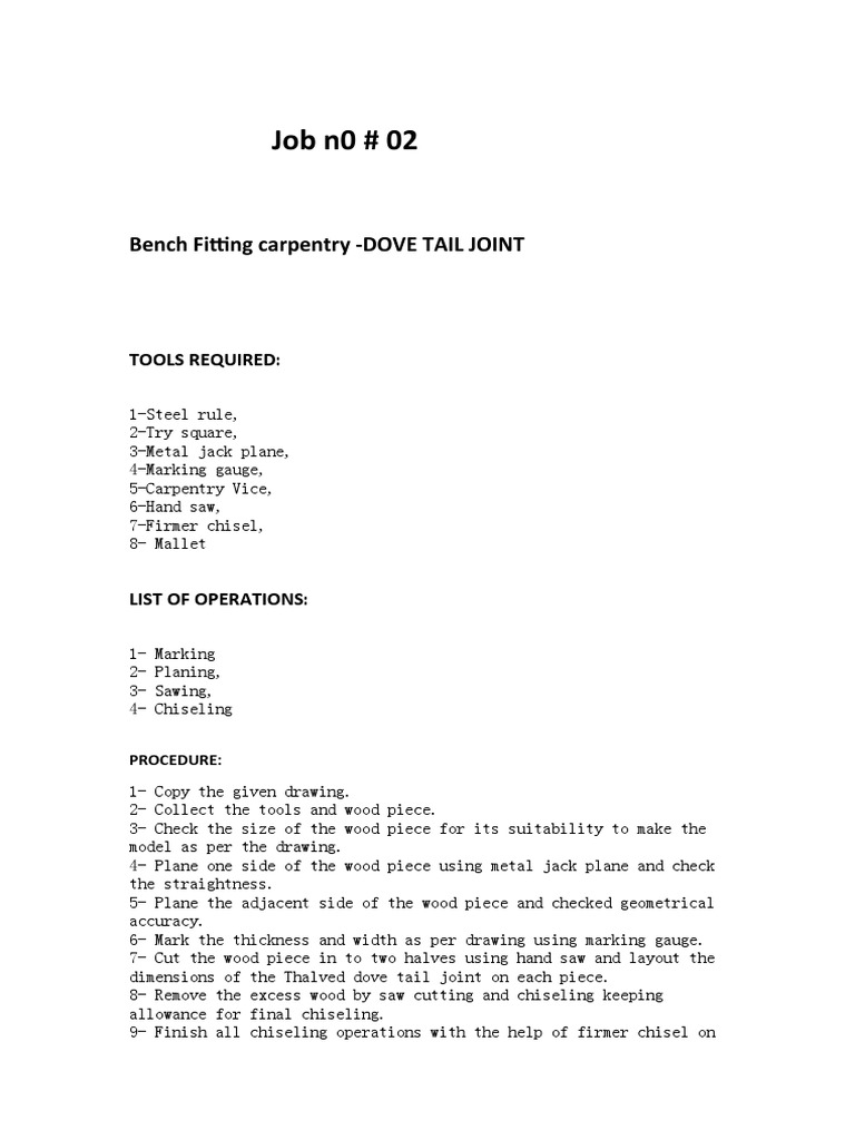 Job n0 # 02: Bench Fitting Carpentry - DOVE TAIL JOINT | PDF | Home ...