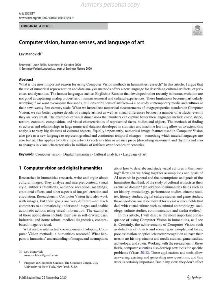Computer Vision, Human Senses, and Language of Art: Lev Manovich | PDF ...