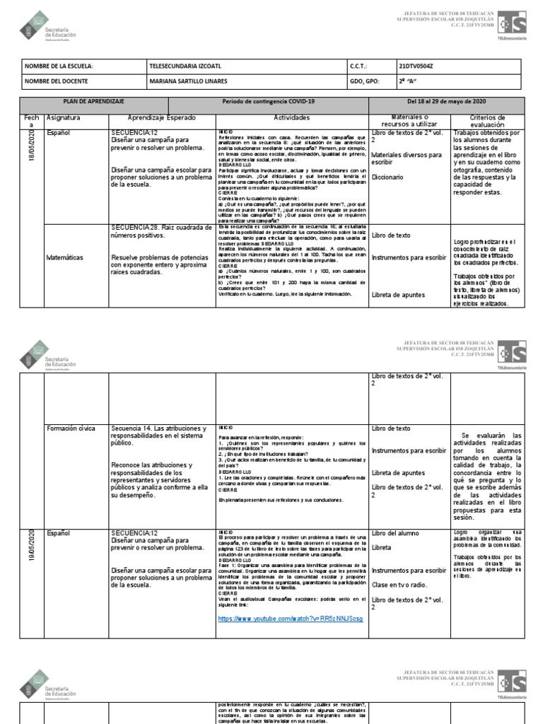 Plan de Aprendizaje Segundo Grado Con Observaciones | PDF | Raíz ...