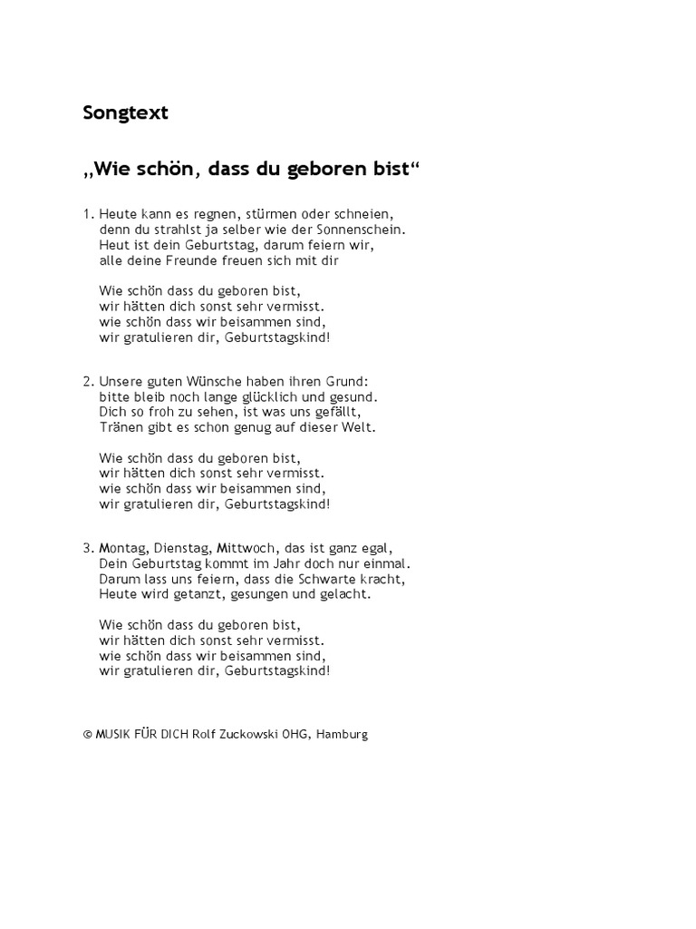Songtext - Wie Schön Dass Du Geboren Bist - Zuckowski | PDF
