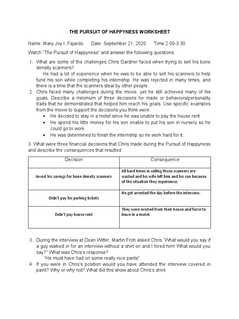 The Pursuit of Happyness Worksheet | PDF | Human Nature | Psychological