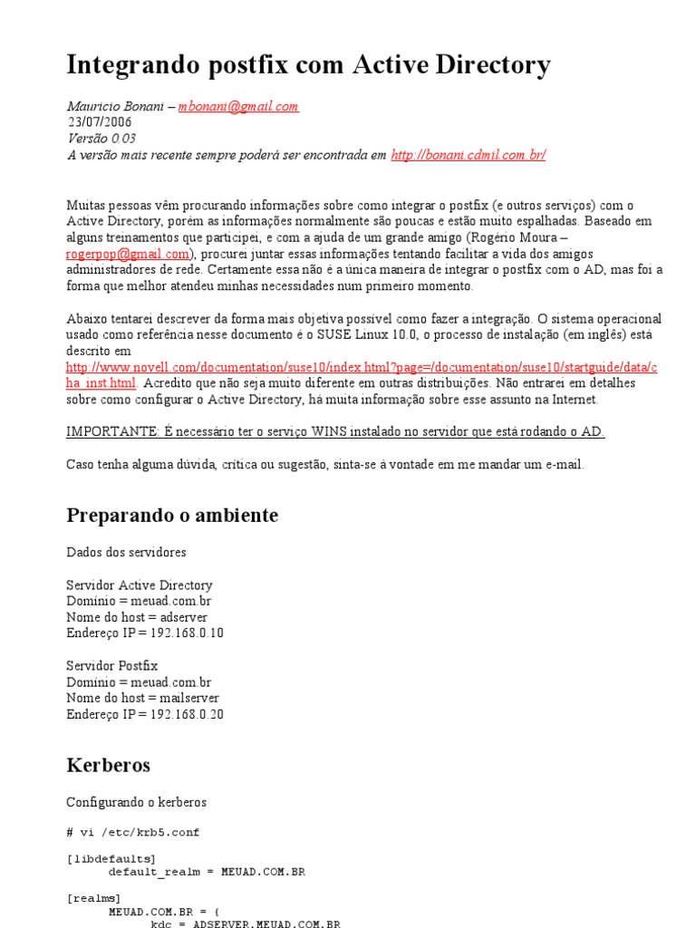 Integrando Postfix Com Active Directory | PDF | Diretório ativo ...