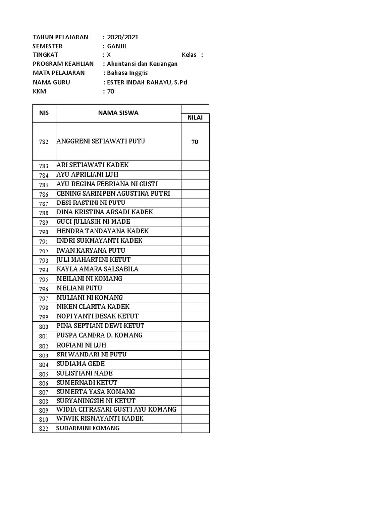 Format Nilai Mapel X Ak | PDF