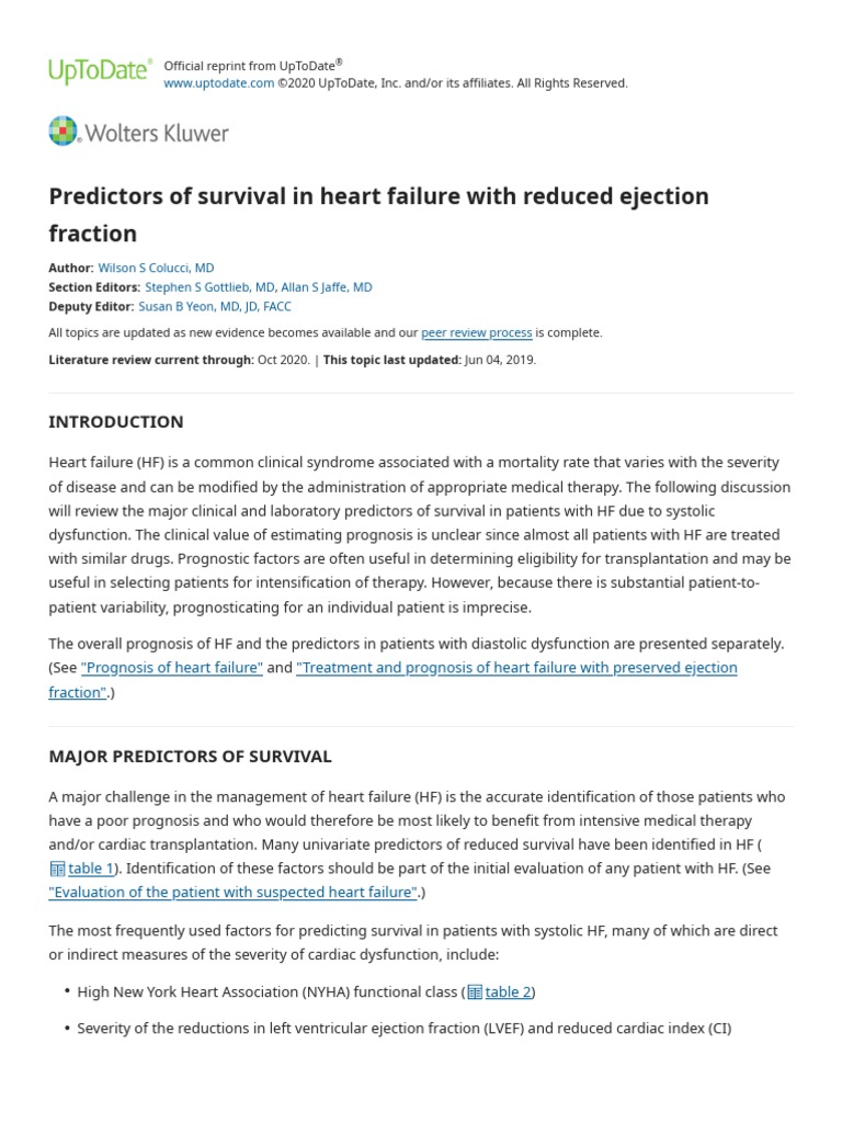 Predictors of Survival in Heart Failure With Reduced Ejection Fraction