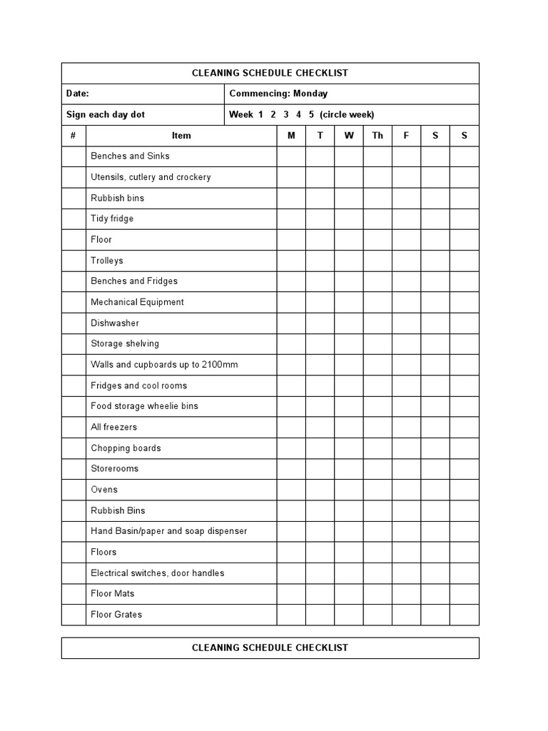 Cleaning Schedule Checklist Date: Commencing: Monday Sign Each Day Dot Cleaning Schedule Checklist Date: Commencing: Monday Sign Each Day Dot
