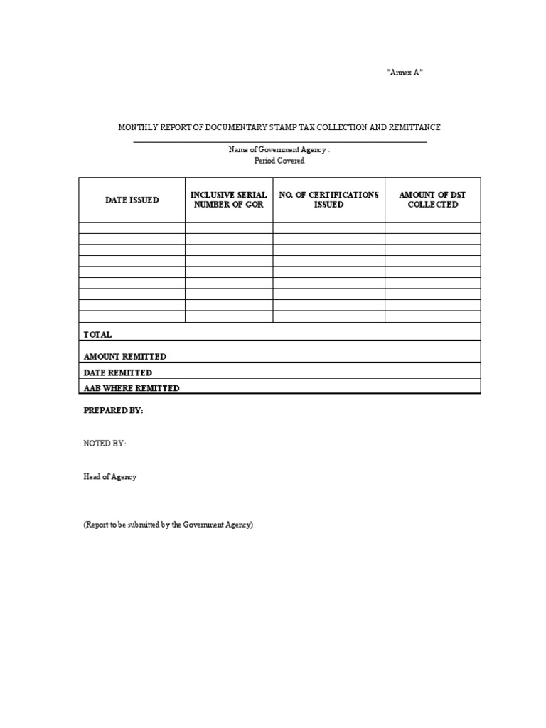 Annex a monthly report of documentary stamp tax collection and