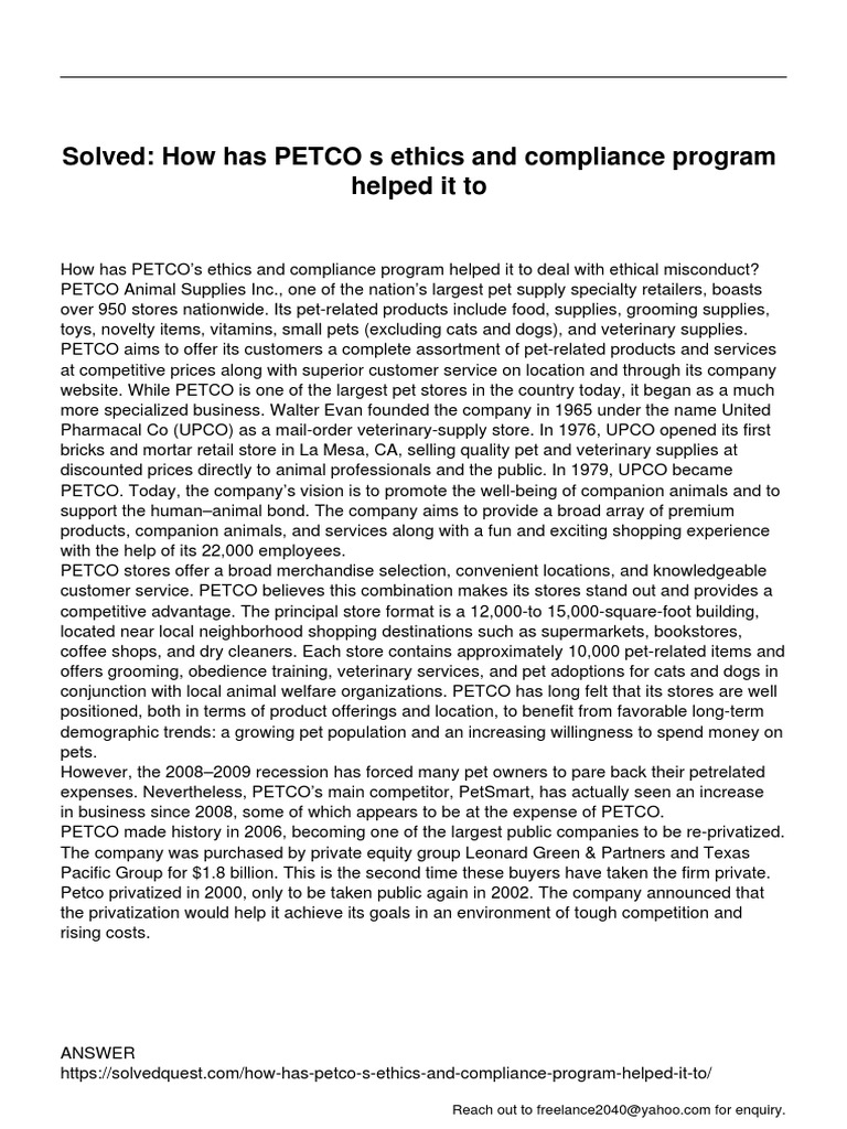 How Has Petco S Ethics and Compliance Program Helped It To PDF