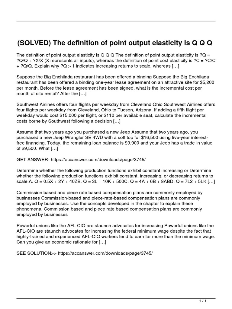 Solved The Definition of Point Output Elasticity Is Q Q Q PDF Afl