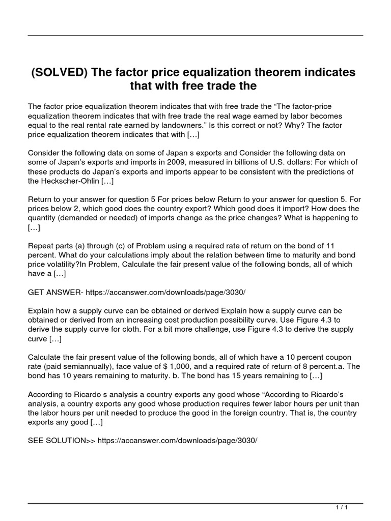 Solved The Factor Price Equalization Theorem Indicates That With Free