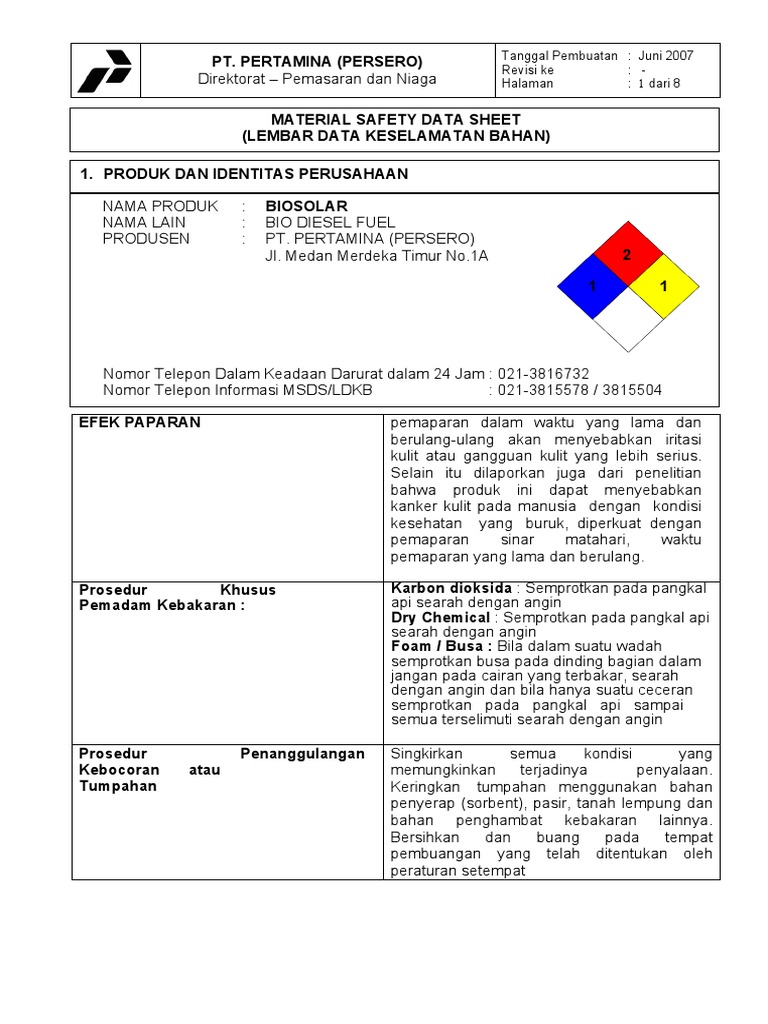 MSDS Biosolar B40 Pertamina 2007 | PDF