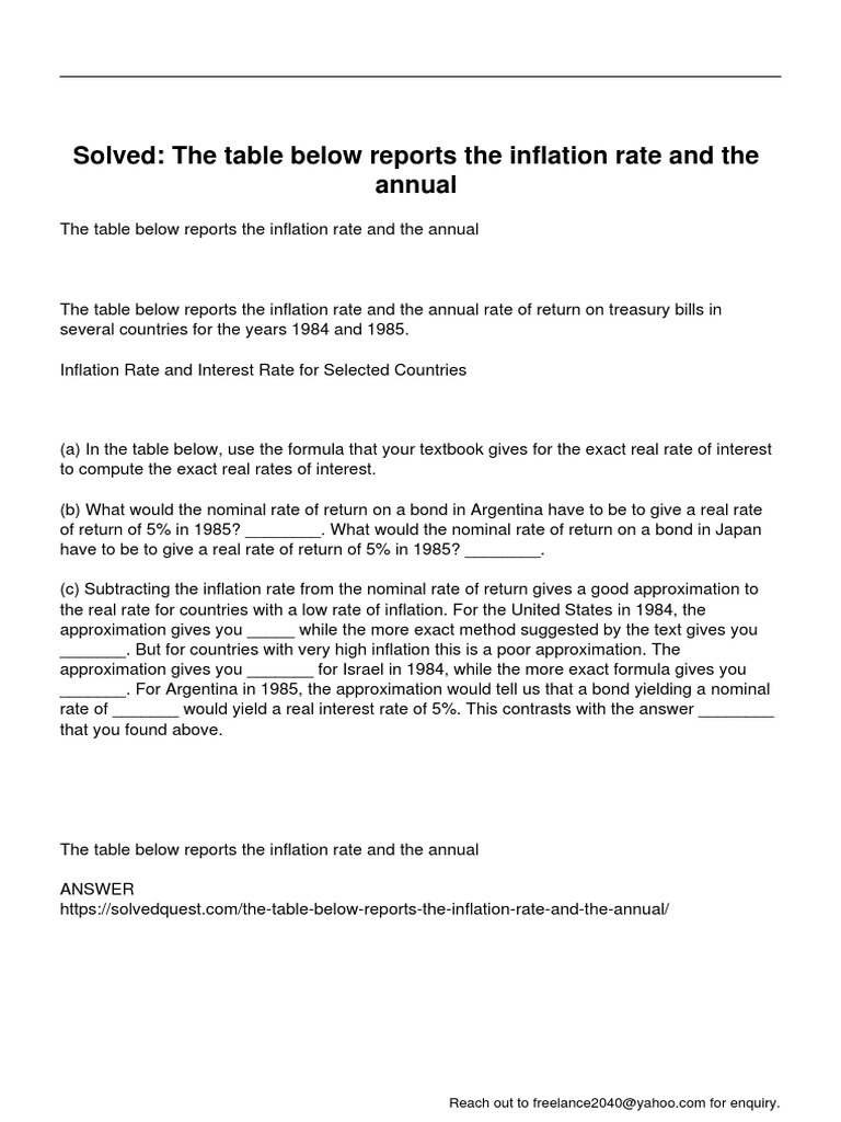 The Table Below Reports The Inflation Rate and The Annual | PDF ...