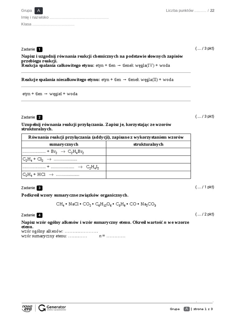 Alkany Alkeny Alkiny Sprawdzian 8 Klasa Pdf