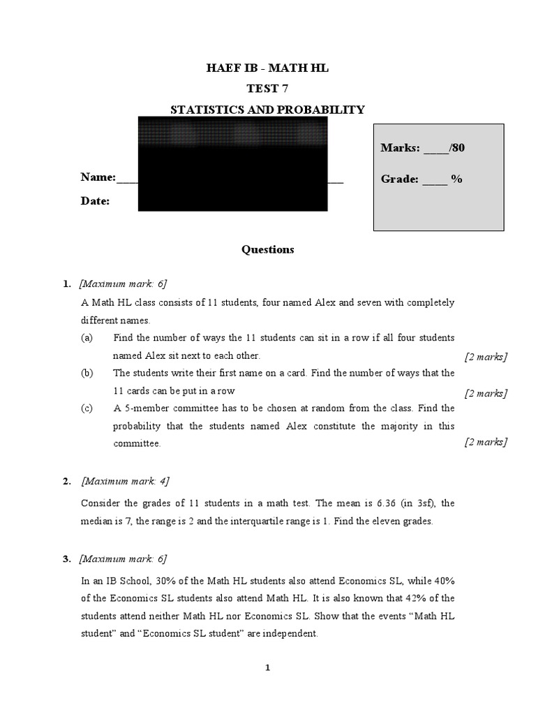 IB Math HL Statistics & Probability Test | PDF | Standard Deviation ...