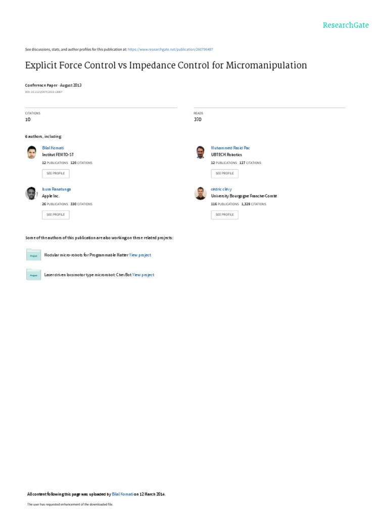 Explicit Force Control Vs Impedance Control For Micromanipulation PDF