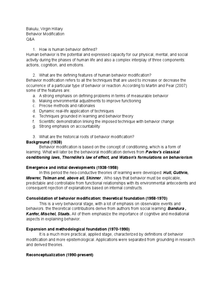 Behavior Modification Questions PDF Theory Behaviorism