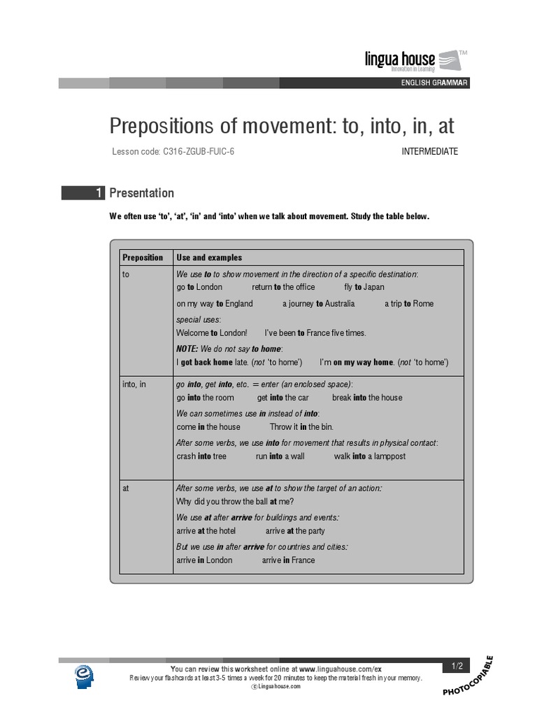 Prepositions of Movement: To, Into, In, At: Lingua House Lingua House ...