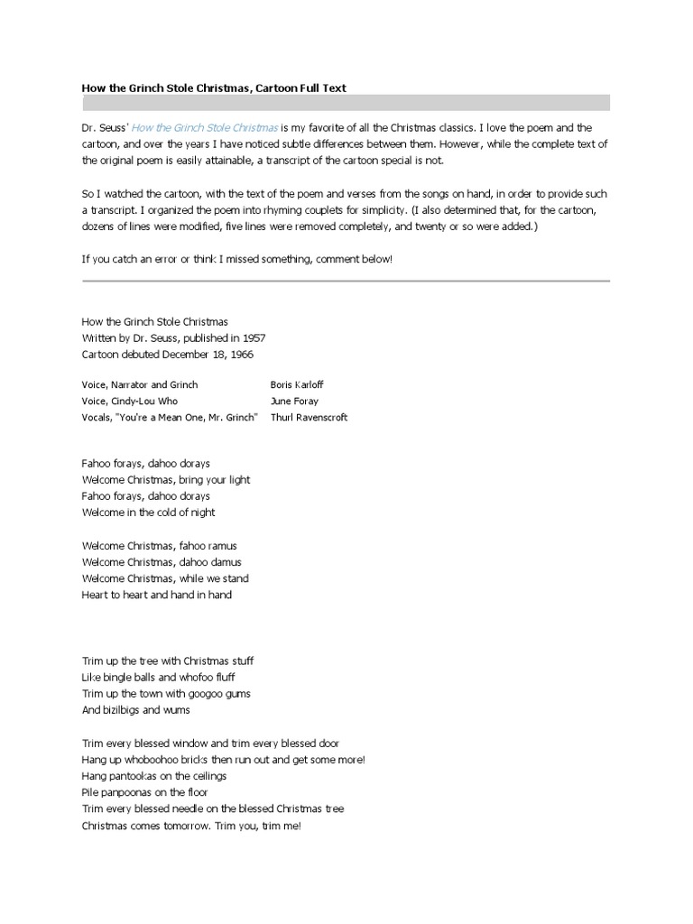 How The Grinch Stole Christmas Text (Cartoon) PDF Dr. Seuss Christmas