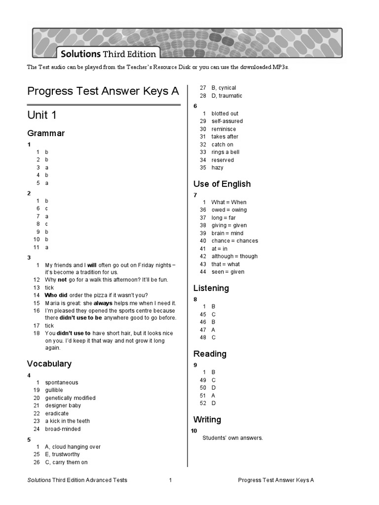 Unit 1 Progress Test Answer Key | PDF