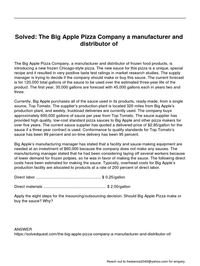 The Big Apple Pizza Company A Manufacturer and Distributor of | PDF ...