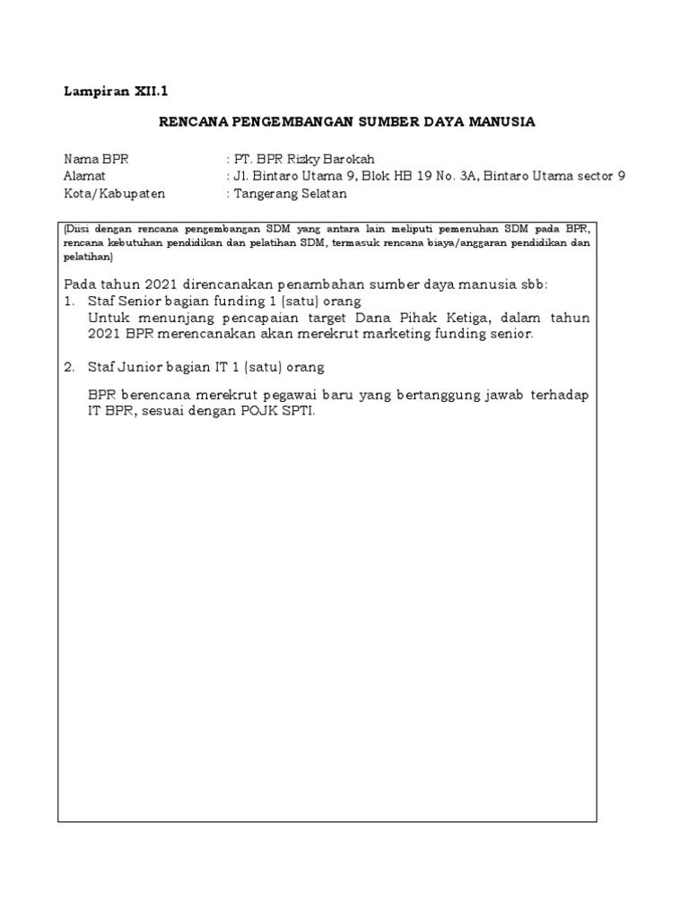 Rencana SDM BPR Rizky Barokah 2021 | PDF