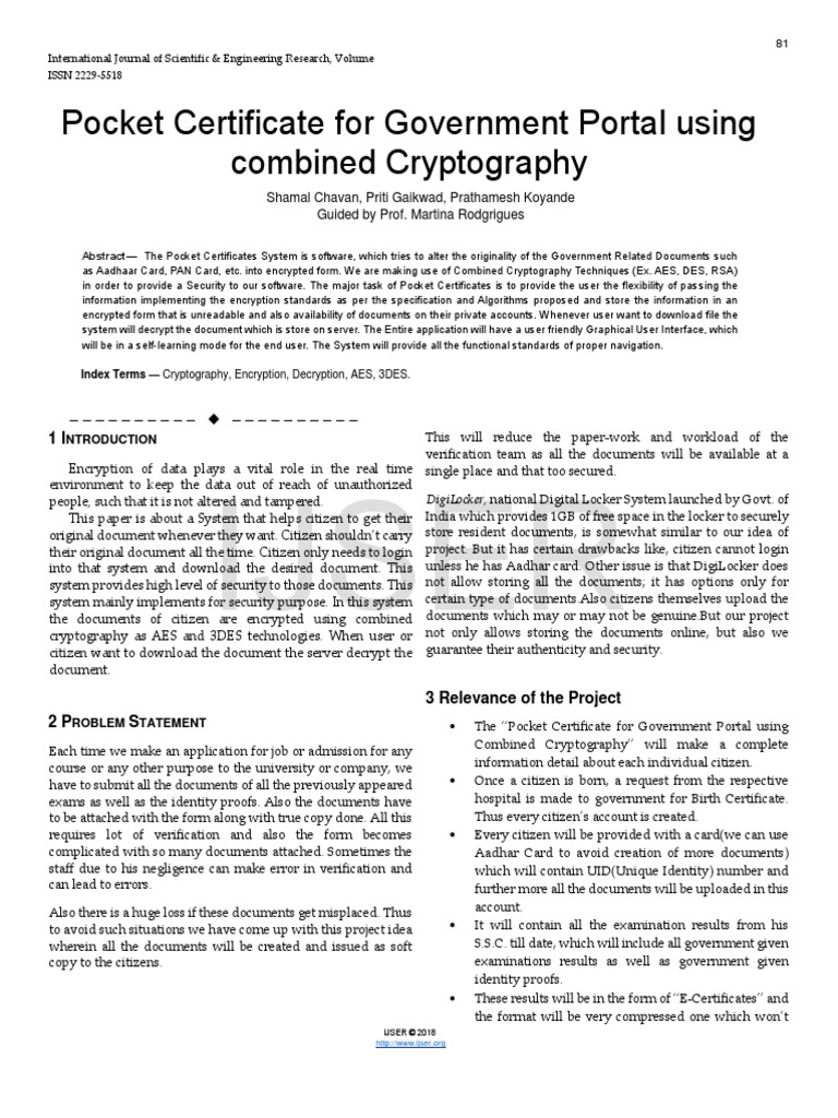 Pocket Certificate For Government Portal Using Combined Cryptography ...