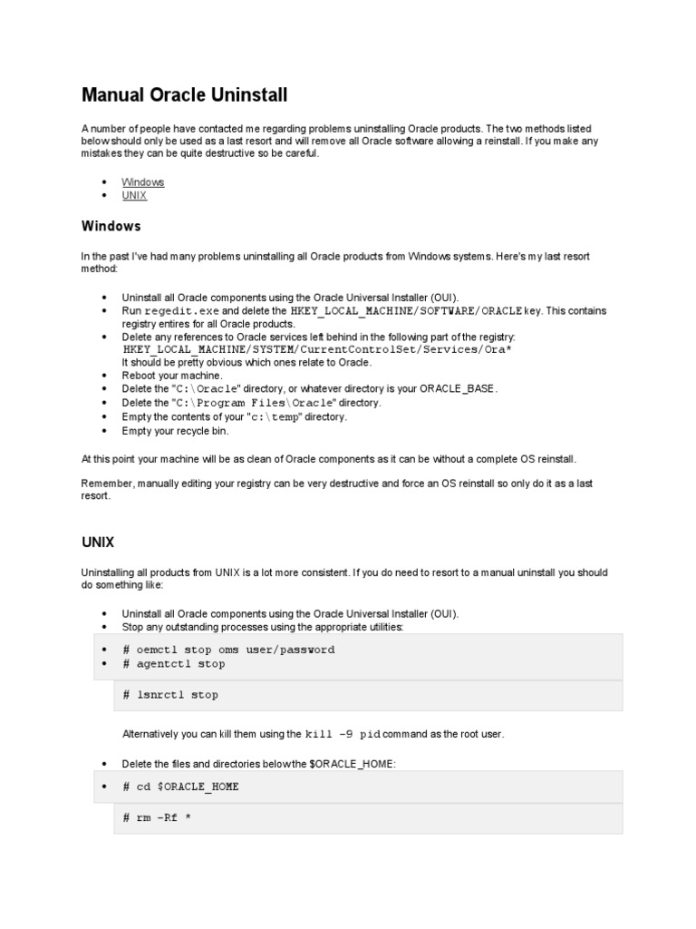 Manual Uninstall of Oracle Products | PDF