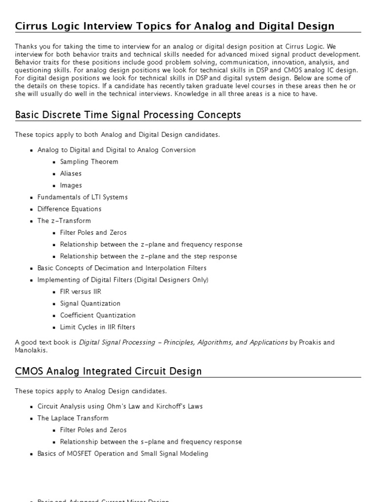 Cirrus Logic Interview Topics PDF Digital Signal Processing Logic