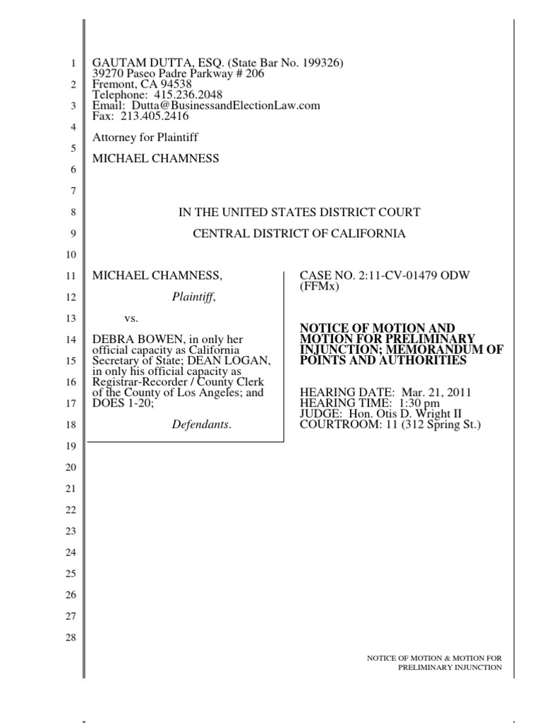 Motion for Preliminary Injunction in CA | PDF | Voting | Primary Election