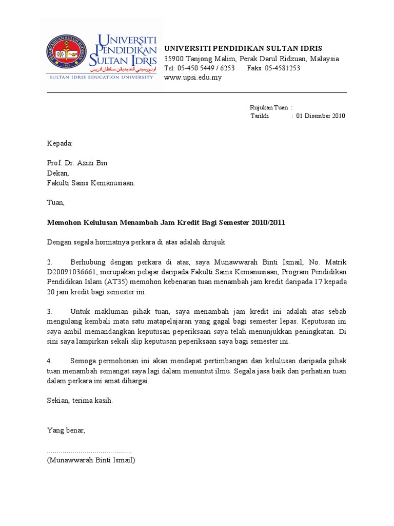 Surat Tambah Jam Kredit Pdf